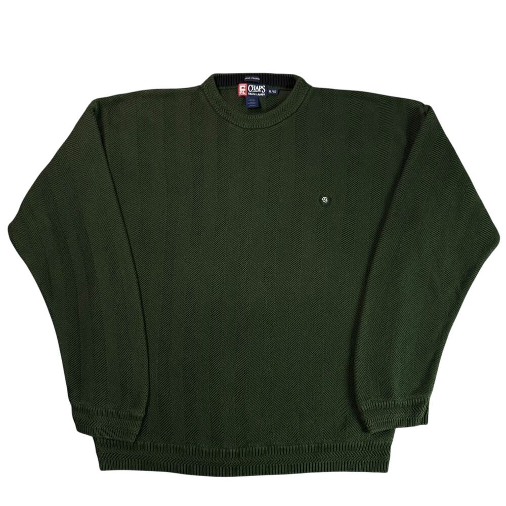 Vintage Chaps Ralph Lauren Sweater Mens XL Green Herringbone Cotton Crewneck